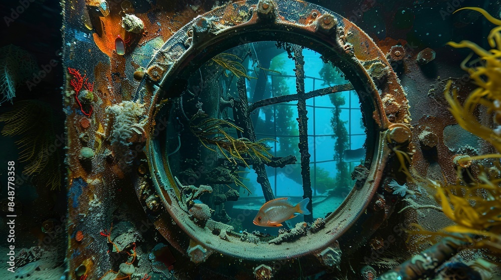 Canvas Prints Close focus on a porthole of a submerged ship, glass gone, marine life peeking through. 