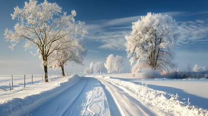 Fototapeta premium Serene Winter Wonderland: Snowy Field with Frosty Trees, Blue Sky, and Fresh Snow - Scenic, Peaceful, and Picturesque Nature Landscape