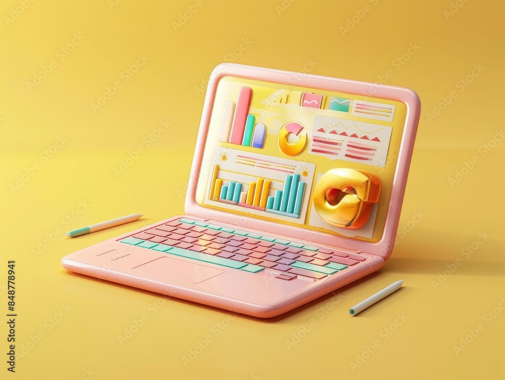 Poster 3d business icon of a laptop computer displaying a financial report analysis and data visualization 