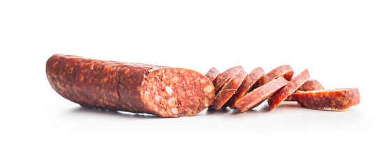 Sliced smoked Sausages salami On White Background