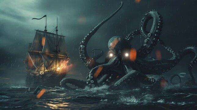 Epic scene of a giant octopus battling a ship in a fantasy night ocean setting
 Seamless looping 4k time-lapse virtual video animation background. Generated AI