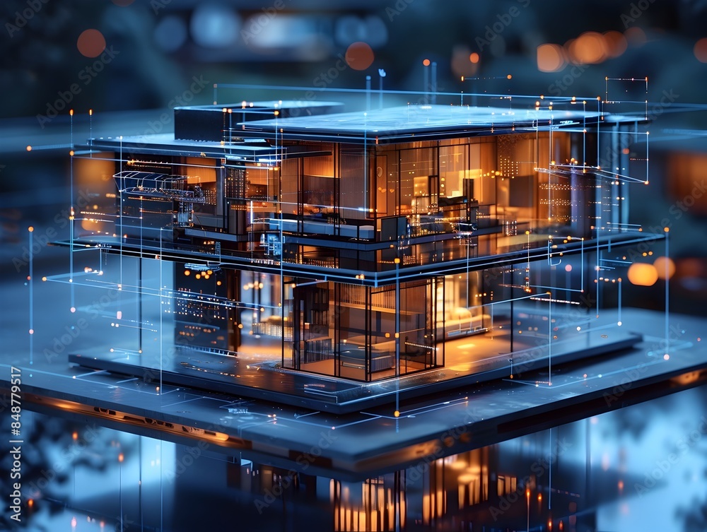 Poster futuristic ai powered architectural design with virtual blueprints and 3d modeling