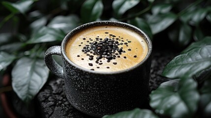   A macro of an espresso with a multitude of dark roasted beans scattered atop it, enveloped in verdant foliage