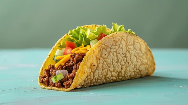 3D Rendered Taco Icon Featuring Layers of Seasoned Ground Beef Fresh Lettuce and Melted Cheese Isolated on a Pastel Blue Background  This Digital Represents a Delicious Mexican Cuisine Dish