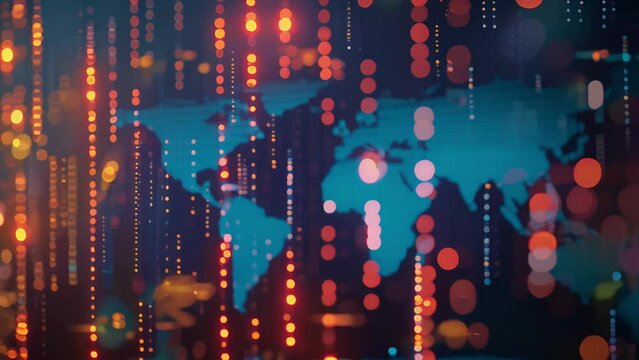 Streams of coded data connecting different countries on a simplified world map representing the growing significance of digital remittances in the global economy.