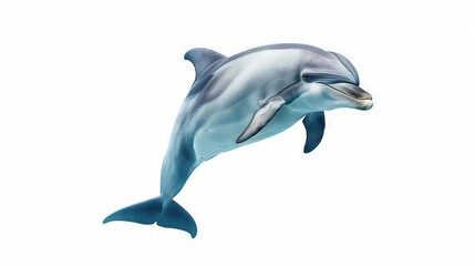   Dolphin jumping, mouth open, tongue out against white background