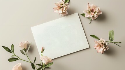Blank Card Mockup with Soft Pink Flowers on Beige Background