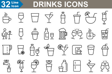 Drinks icons set vector illustrator. Last Word, pomegranate martini, Mai Thai, margarita, water jug, wine toast.modern vector style.
