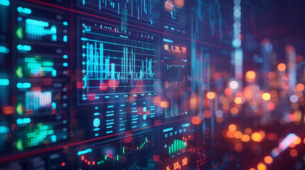 Fototapeta premium Trading screen showing energy stocks, with a backdrop of solar panels and power lines