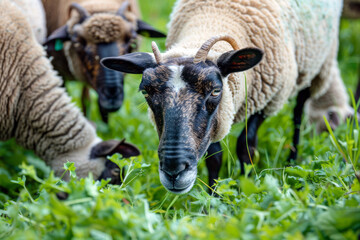 Obraz premium Close-up of a group of sheep grazing in a meadow, lush green grass and curious expressions