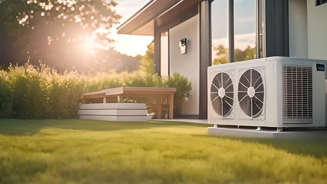 Outdoor Air Conditioner Unit on Green Lawn Generative AI