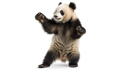   A monochrome panda standing upright with arms raised and paws extended