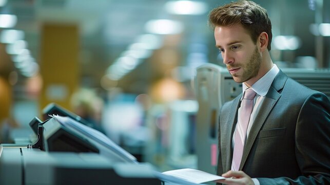 Editorial Photography of a businessman in a corporate office environment, using a multifunction laser printer to print important documents. The image highlights the use of ink or toner supplies in a