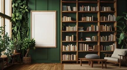 Minimalist Modern Living Room with Wood Bookshelves, Green Wall, and White Poster Mockup, Interior Design Concept