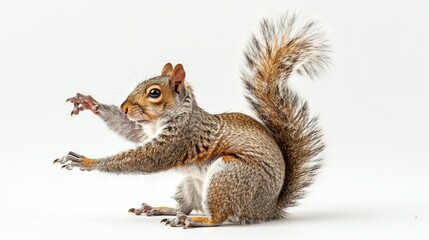 Obraz premium A squirrel standing tall on hind legs with front paws raised high