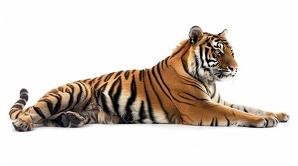 Obraz premium A tiger lying flat on the ground, with its front paws on its back, and head turned to the side