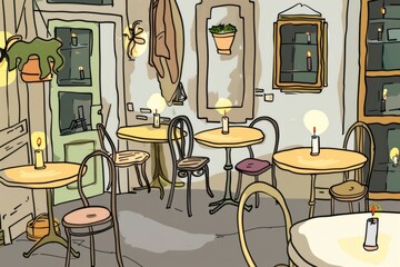 Cartoon cute doodles of a quaint cafe with candles on each table, Generative AI