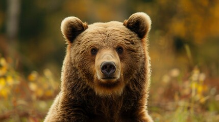 Fototapeta premium A close-up of a bear's face surrounded by a field of grass and wildflowers, with trees visible in the background