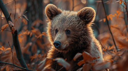 Fototapeta premium A close-up of a bear in a field of grass and trees with a blurred leaf and branch background