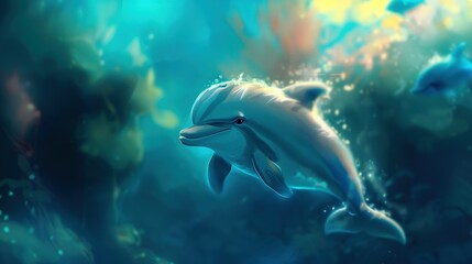 Obraz premium A painting of a dolphin swimming in water with a fish in its mouth and another dolphin in the background