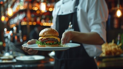 waiter holding plate with burger at pub : Generative AI