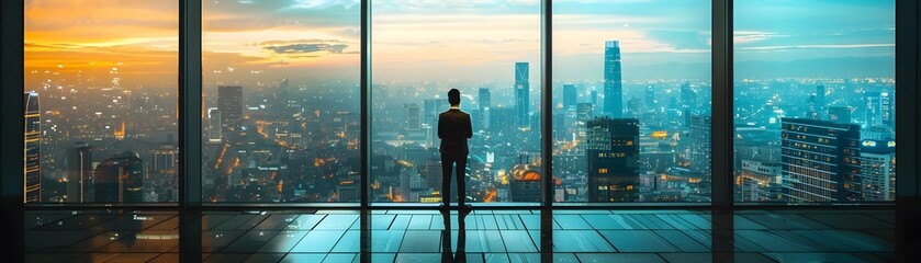 Businessman Contemplating Future Business Plans with Cityscape View from Office Window