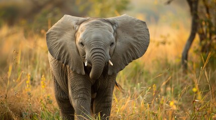 Fototapeta premium An image of an elephant standing in a field of tall grass with trees in the background and yellow flowers in the foreground