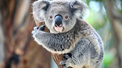   A detailed image of a Koala sitting on a branch with its head angled to the right and an open mouth