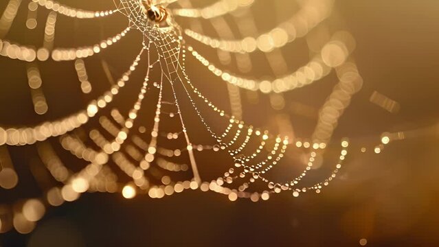 A closeup of a spiders meticulous handiwork with each strand adorned in tiny beads of morning mist.