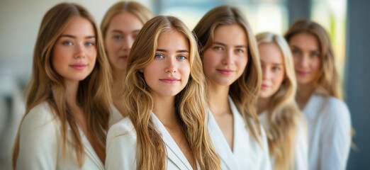 Group of diverse looking business women in an modern office. Stylish happy office staff. Feminism concept. Businesswomen team in office