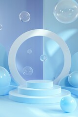 front view of 3d product mockup scene for products, relatively empty scene, plain colour, pastel colour 2:3, blue