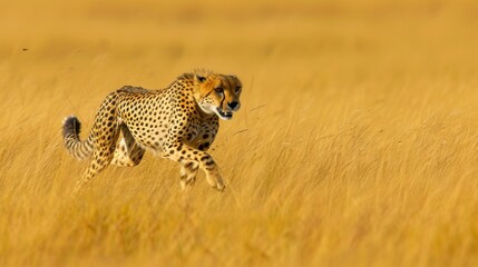 Naklejka premium Cheetah Running Through Field of Tall Grass, A cheetah sprinting with incredible speed across the golden grasslands chasing its prey, AI Generated