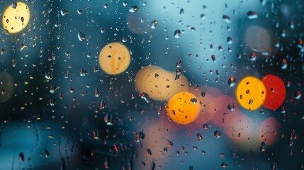 Naklejka premium Rain drops on window with blurred traffic lights in background, A close-up perspective of a window, with rain droplets trailing down the glass and blurred movements visible outside, AI Generated