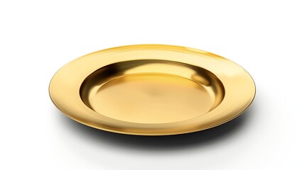 Front view of golden plate isolated on white background Empty gold round flat plate with shadow Mock up template for food poster design : Generative AI