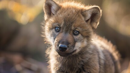   A focused image of a tiny dog with piercing blue eyes gazing directly into the lens, surrounded by a slightly out-of-focus environment of verdant trees