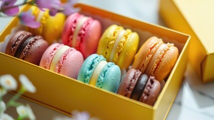 Assortment of colorful macaroons in a yellow gift box