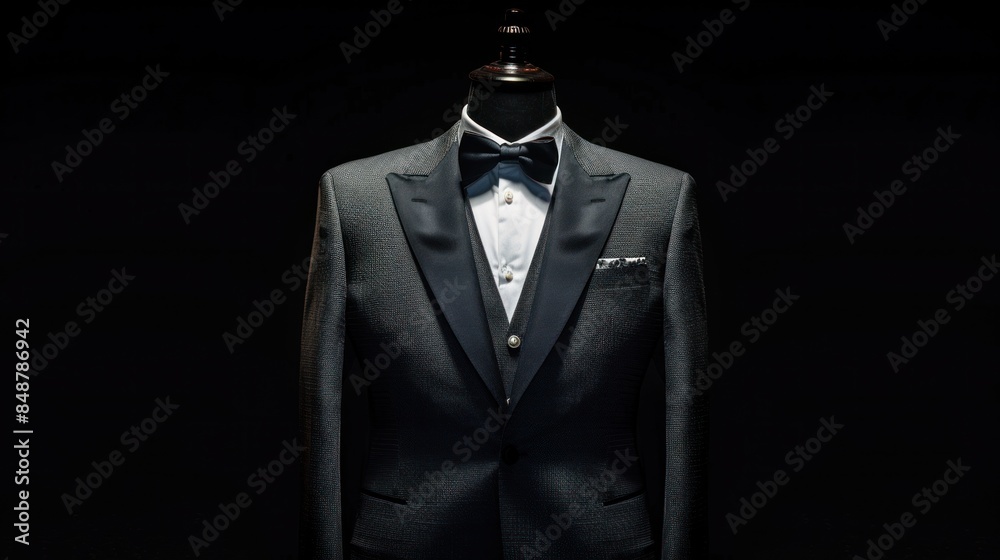 Wall mural An isolated black background shows a gray suit and a tuxedo displayed on a mannequin.