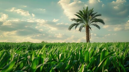 Plants and a palm tree seen in a green field