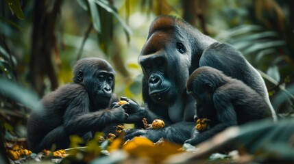 Naklejka premium Group of Gorillas Sitting in Forest, A family of gorillas casually feeding on their habitat in a lush, tropical rainforest, AI Generated