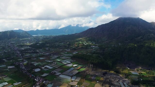 Aerial drone view of Pinggan village, a place to catch the best sunrise in Kintamani, Bali, Indonesia