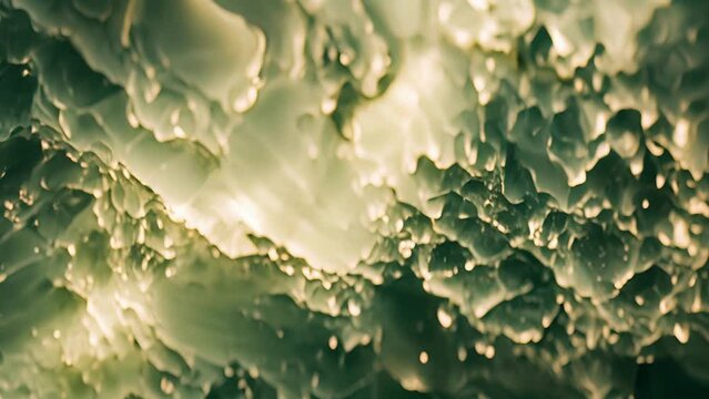 The surface of a smooth jade gemstone appears almost luminescent reflecting a pale green light that masks any visible texture.