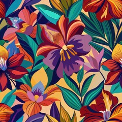 Fototapeta premium Seamless pattern of abstract floral shapes in vibrant jewel tones, creating a lush and luxurious botanical motif, Generative AI