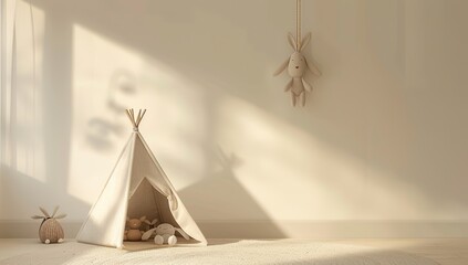Minimalist Kids Room 3D Rendering with Animal Toys and Teepee, White Wall Background, High Resolution Stock Photo