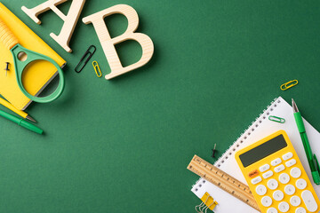 Top view of back to school stationery on a green background including notebooks, calculator, paper...