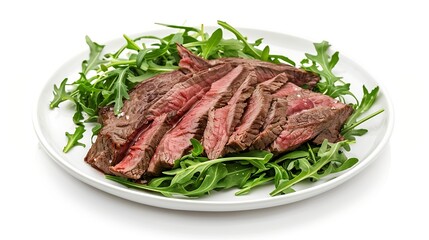 Fototapeta premium Roast picanha or top sirloin beef meat steak on a plate with arugula salad Isolated on white background : Generative AI
