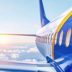 A blue and white airplane flies in the sky, creating scenes of aerospace wonder