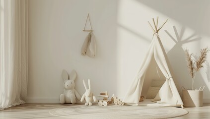 Minimalist Kids Room 3D Rendering with Animal Toys and Teepee, White Wall Background, High Resolution Stock Photo
