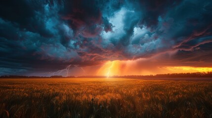 A stormy sky with lightning over a field. A lightning storm with thunderbolts during a thunderstorm