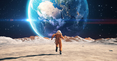 Young Male Astronaut In Space Suit Running On Alien Planet. Planet Mars Is Visible. Space Related Majestic Scene.