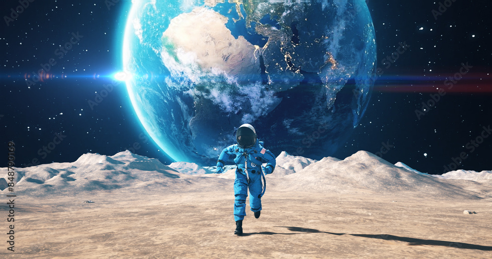 Wall mural brave astronaut running on the surface of the satellite moon among craters. planet earth is visible 
